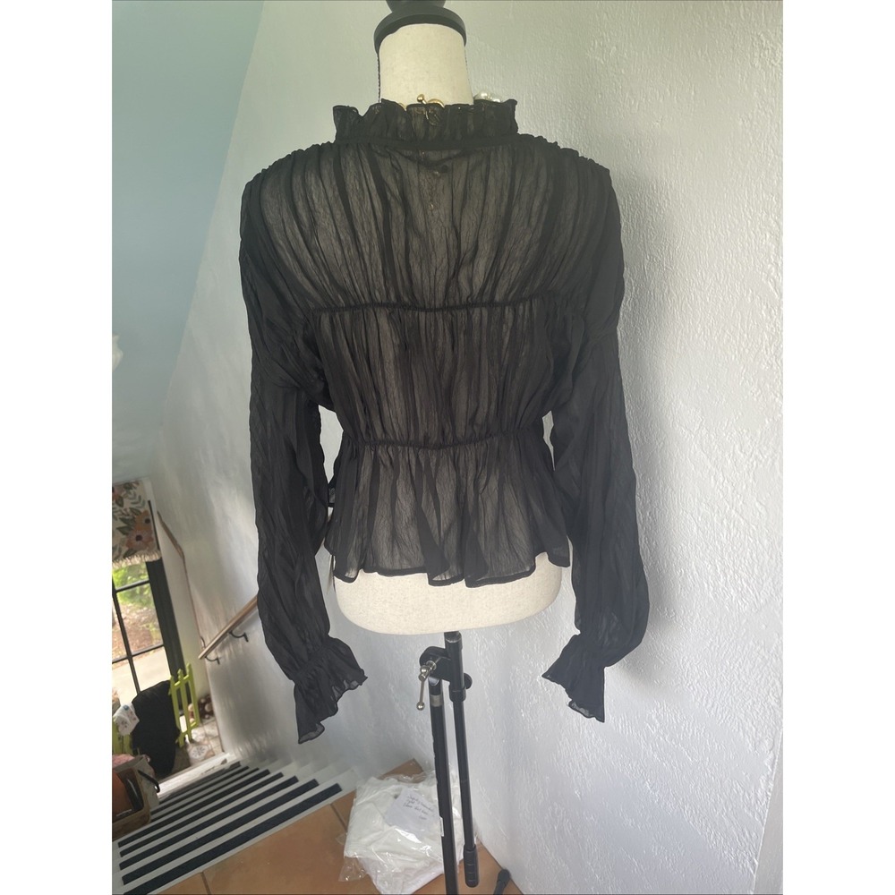 Commence NWT Bell With Ruffle Sleeve Black Chiffon Sheer Boho Blouse Size M - Picture 5 of 10